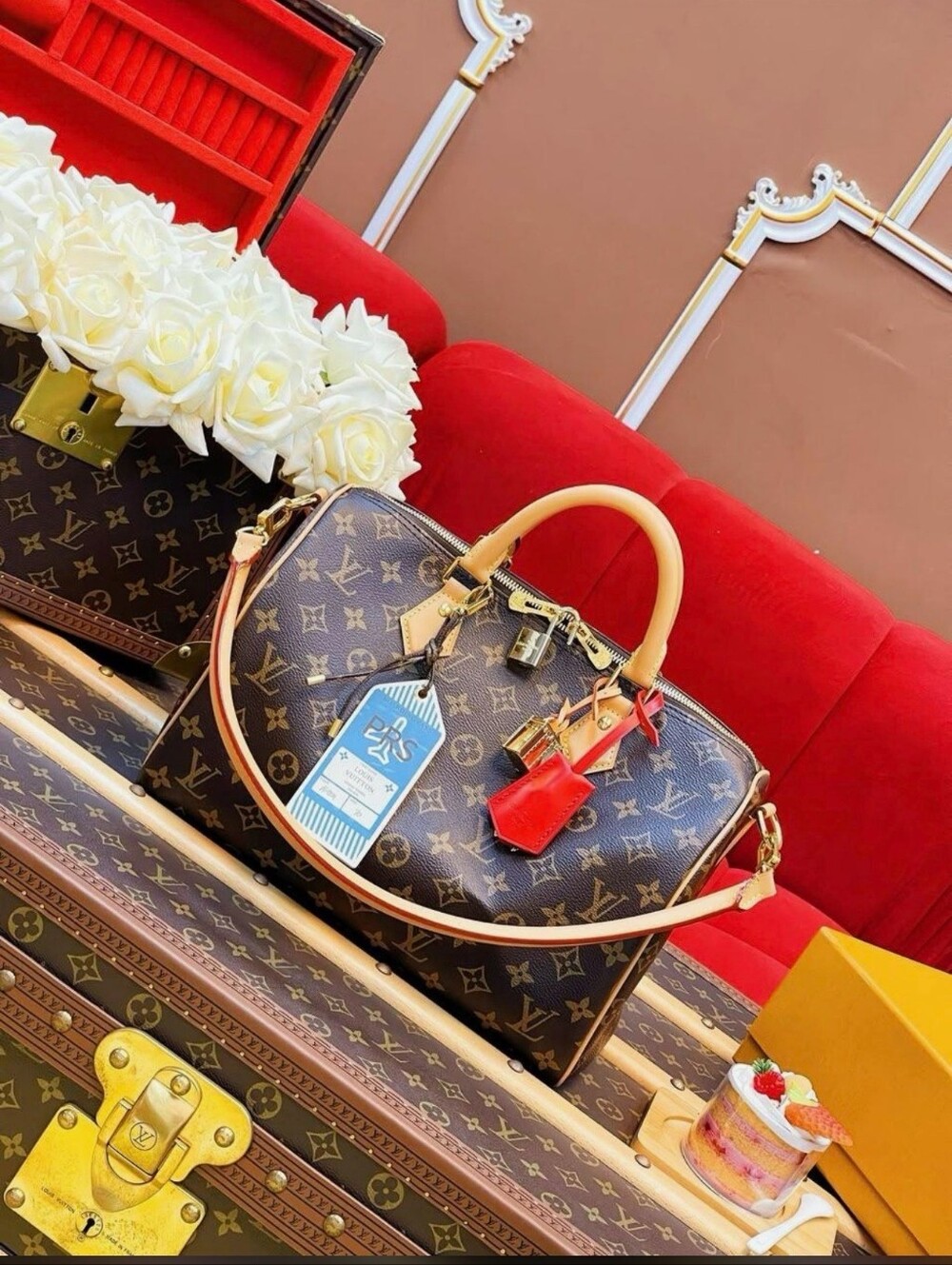 Lv 💗Brown Monogram Crossbody Bag with Red Trim